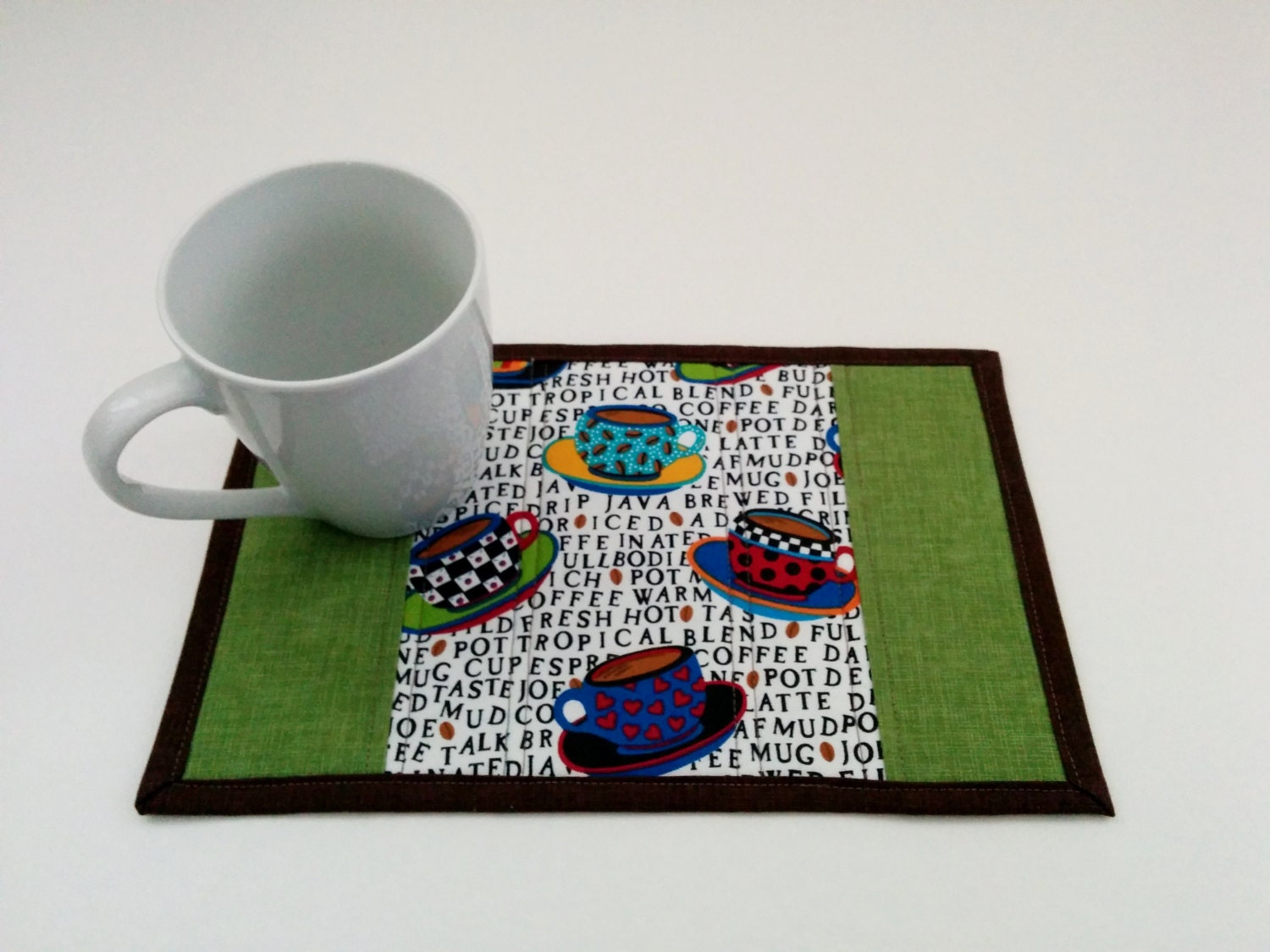 Colorful Tea Cup Mug Rug Quilted Mug Rug Green Mug Rug
