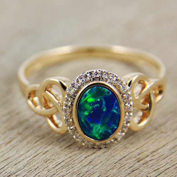 Black Opal Diamond Engagement Wedding Ring 14K Gold Natural