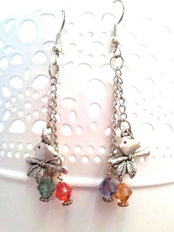Birds on a Perch Earrings with Swarovski by TheSparklingBead