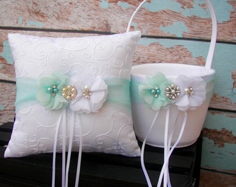 Your Colors , Flower Girl Basket and Ring Bearer Pillow Set , Mint Ring Bearer Pillow , Flower Girl Basket ,Wedding Pillow
