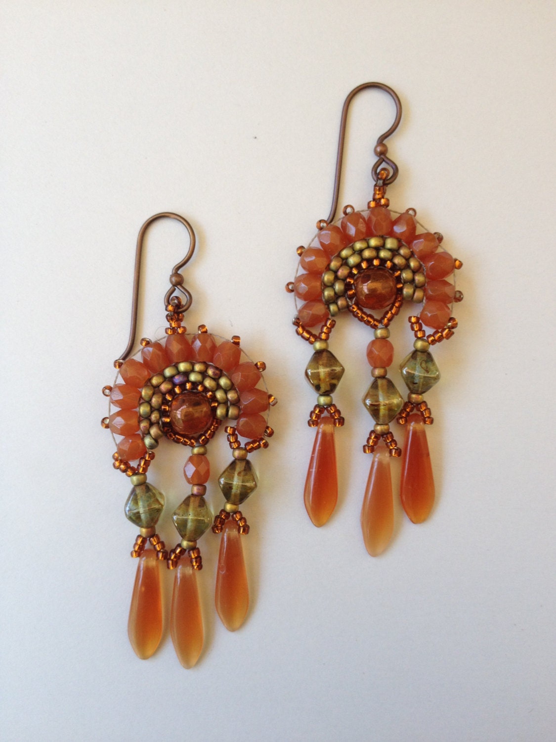 Fan Earrings with 3 Dangles Pale Carnelian Orange & by JekaLambert