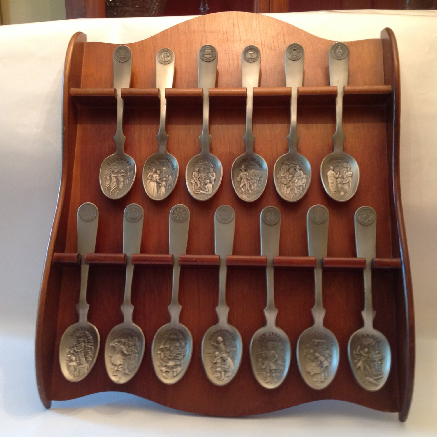 Wooden Spoon Display Holder with 13 Pewter by VeryVintageVera