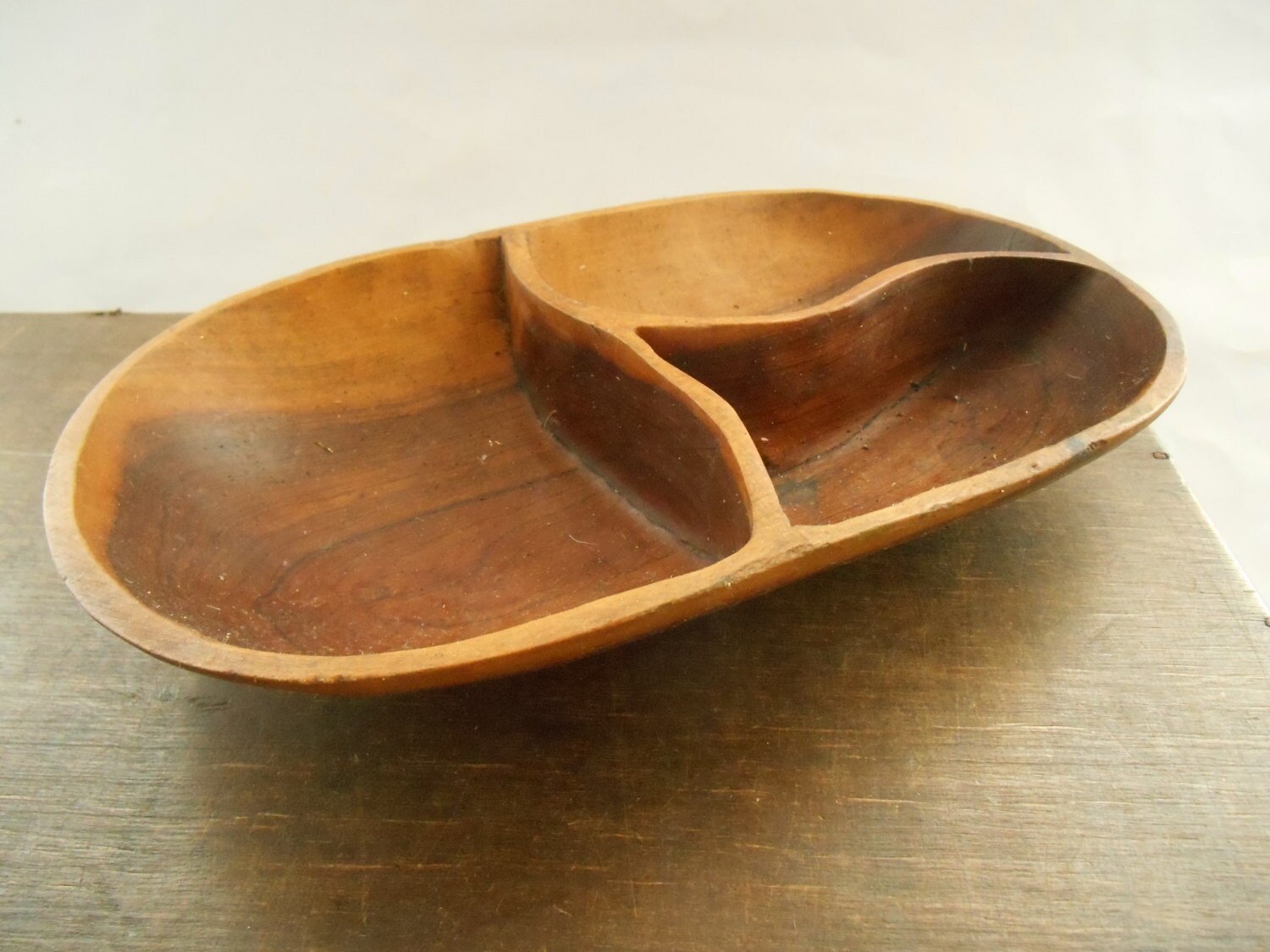 Vintage carved serving bowl Wooden tray 3 section by TasteVintage