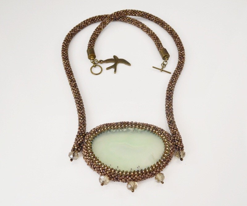 Tree Bark Bead Embroidery Necklace Beadwork with Agate gift