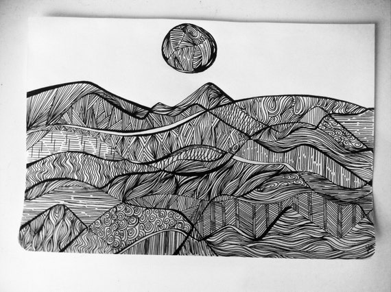 Original Drawing / Mountain Sunset II / Black and
