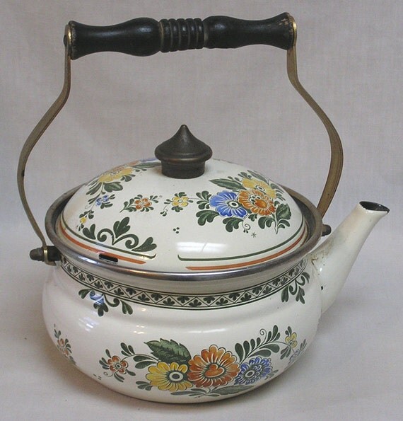 Vintage German Granite Ware Tea Kettle or Teapot with Lovely