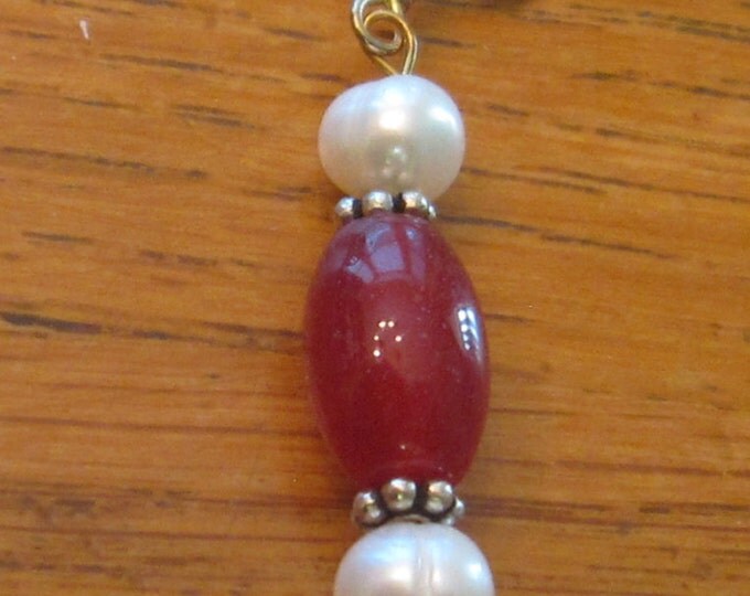 Natural Pearl and Ruby Gem Bead Earrings, 2 Inches Long, Gold Plate E80