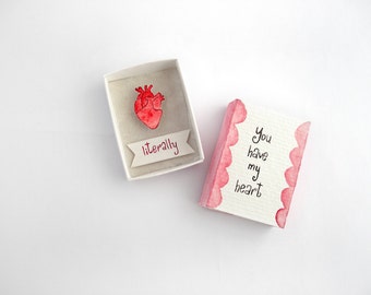 Anatomical heart art, matchbox art, boyfriend gift, girlfriend gift, matchbox card, you have my heart, anniversary gift, love card