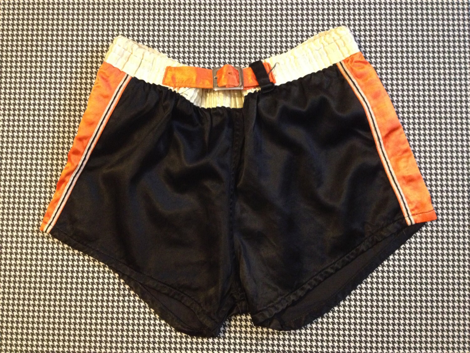 1950's satin boxing shorts in black orange and ivory