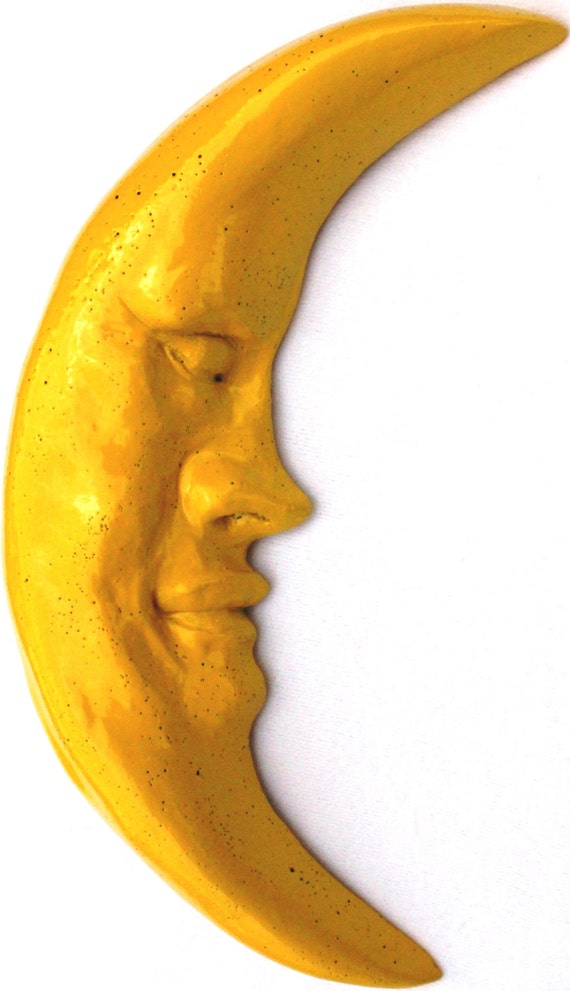 Yellow Enameled Crescent Moon Sculpture Accent Handmade for