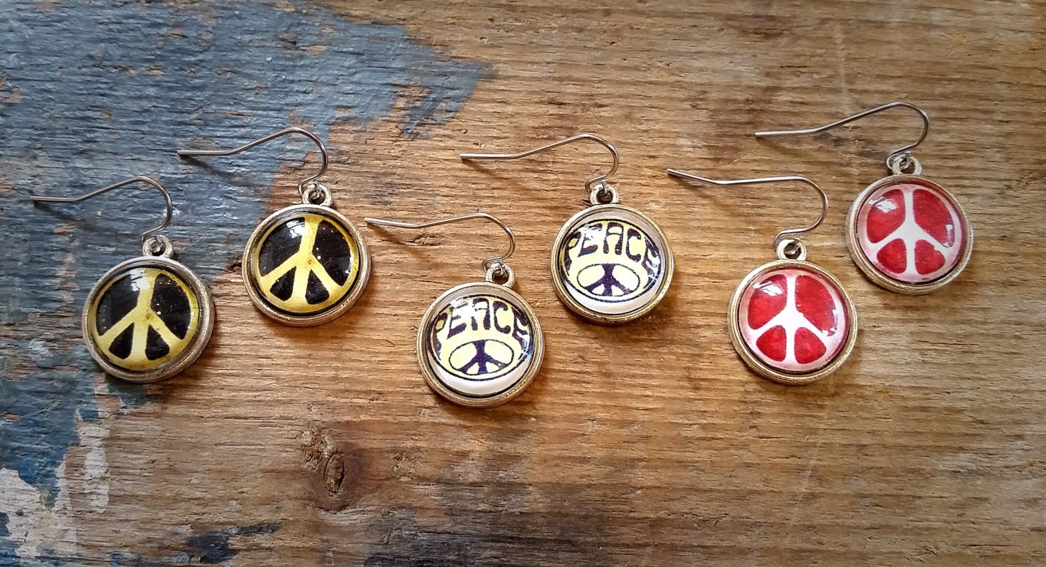 Peace Sign Earrings Handmade Glass Dangle Earrings Antique
