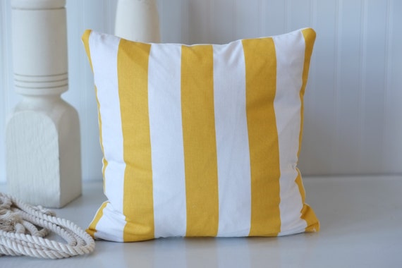 Yellow stripe white striped decorative pillow by OldLakeGeorge