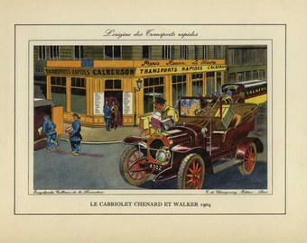 Original Vintage Automobile Color Lithographs Cabriolet Chenard 1904