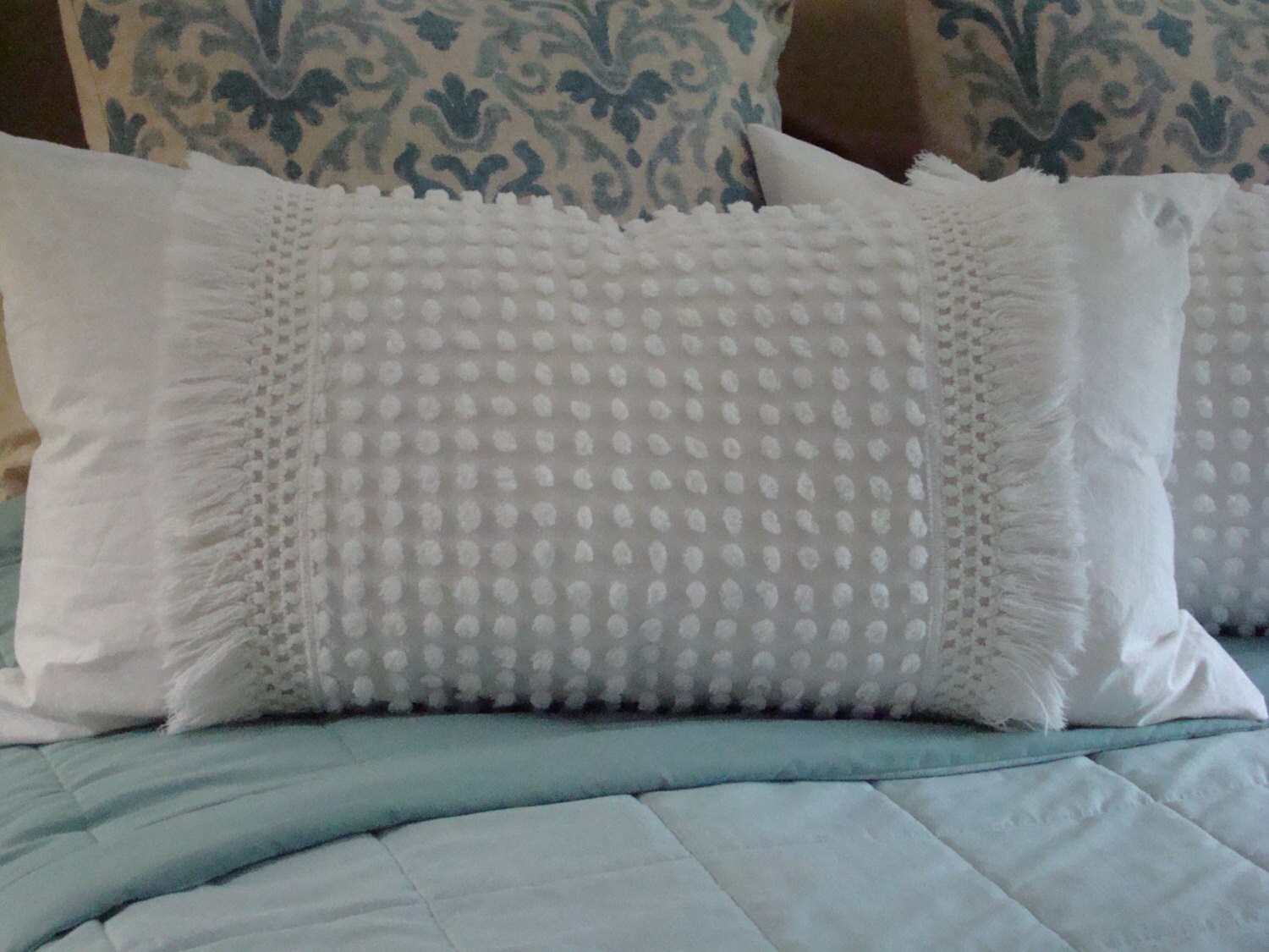 Set Of Two Off White Vintage Chenille Pillow Shams With Fringe