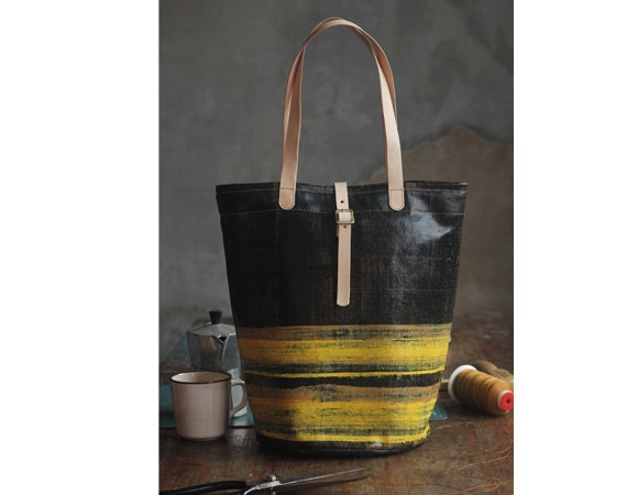 canvas tote bag with leather handle. by paobayfun on Etsy