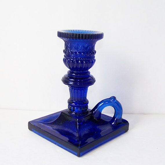Vintage Chamber Style Cobolt Blue Heavy Glass Candle Holder