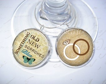 Wedding Wine Glass Charms, Silver Plated Pendant Wine Glass Charms, Wedding Reception Wine Glass Charms, Old New, SET of 2.