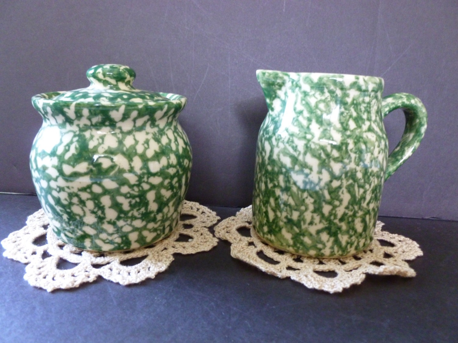 Vintage Roseville Pottery Green Spongeware Cream Pitcher and Sugar Bowl By Gerald Hann Made in