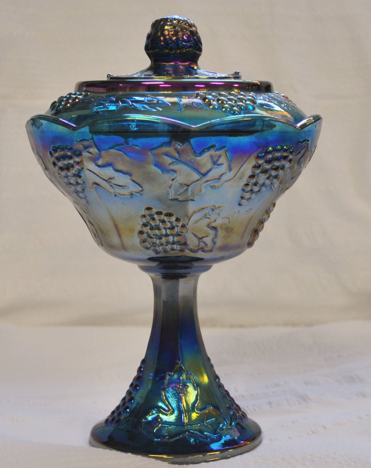 Vintage Blue Indiana Carnival Glass Covered Pedestal Candy