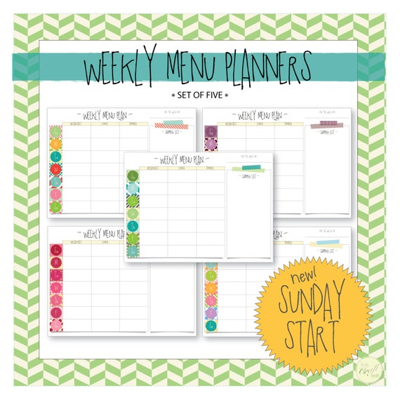 sunday start weekly menu planner with shopping list set of