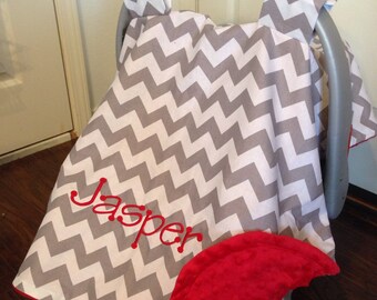 Personalized Car seat canopy, boy or girl carseat cover, monogrammed gift, chevron minky