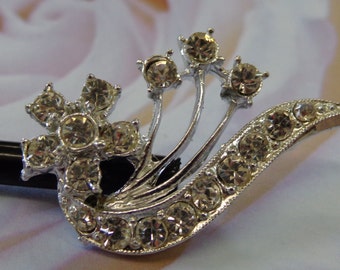 Vintage Hair Pin Art Deco Silver Tone Clear Rhinestones