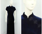 ON SALE Vintage 90s Midnight Blue Velvet Chinese Dress, Maxi Dress, Mandarin Collar, Fitted Column Dress, Long Formal Dress, Party Dress