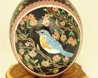 Bluebird in Tree, Ostrich Egg, Dyed Egg, Pysanky, Ukrainian Easter Egg