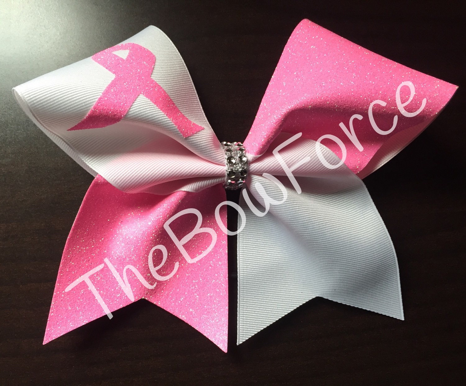 Pink Glitter Breast Cancer Awareness cheer bow by TheBowForce