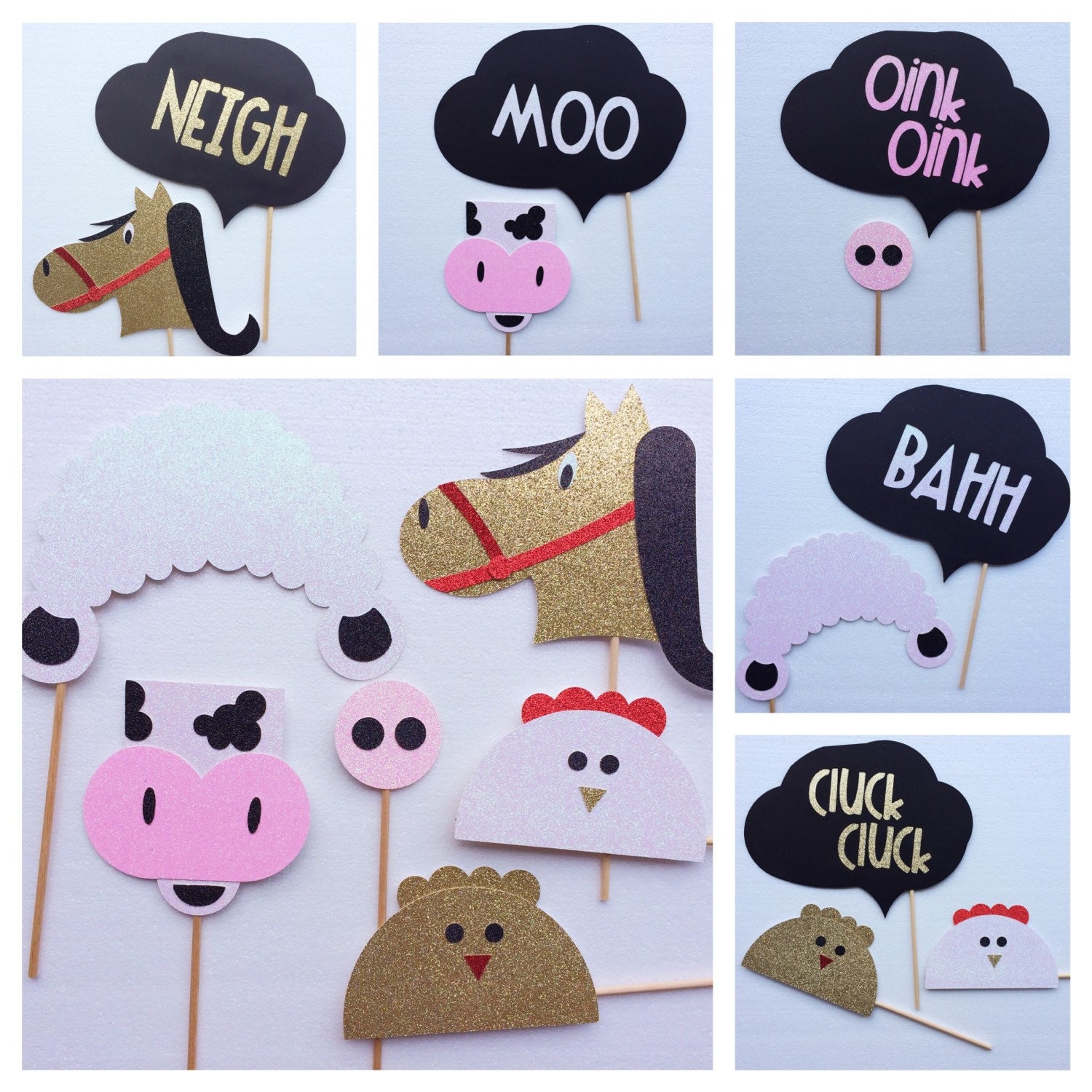 Farm Animal Glitter Photo Booth Props Bundle Cow Prop Sheep