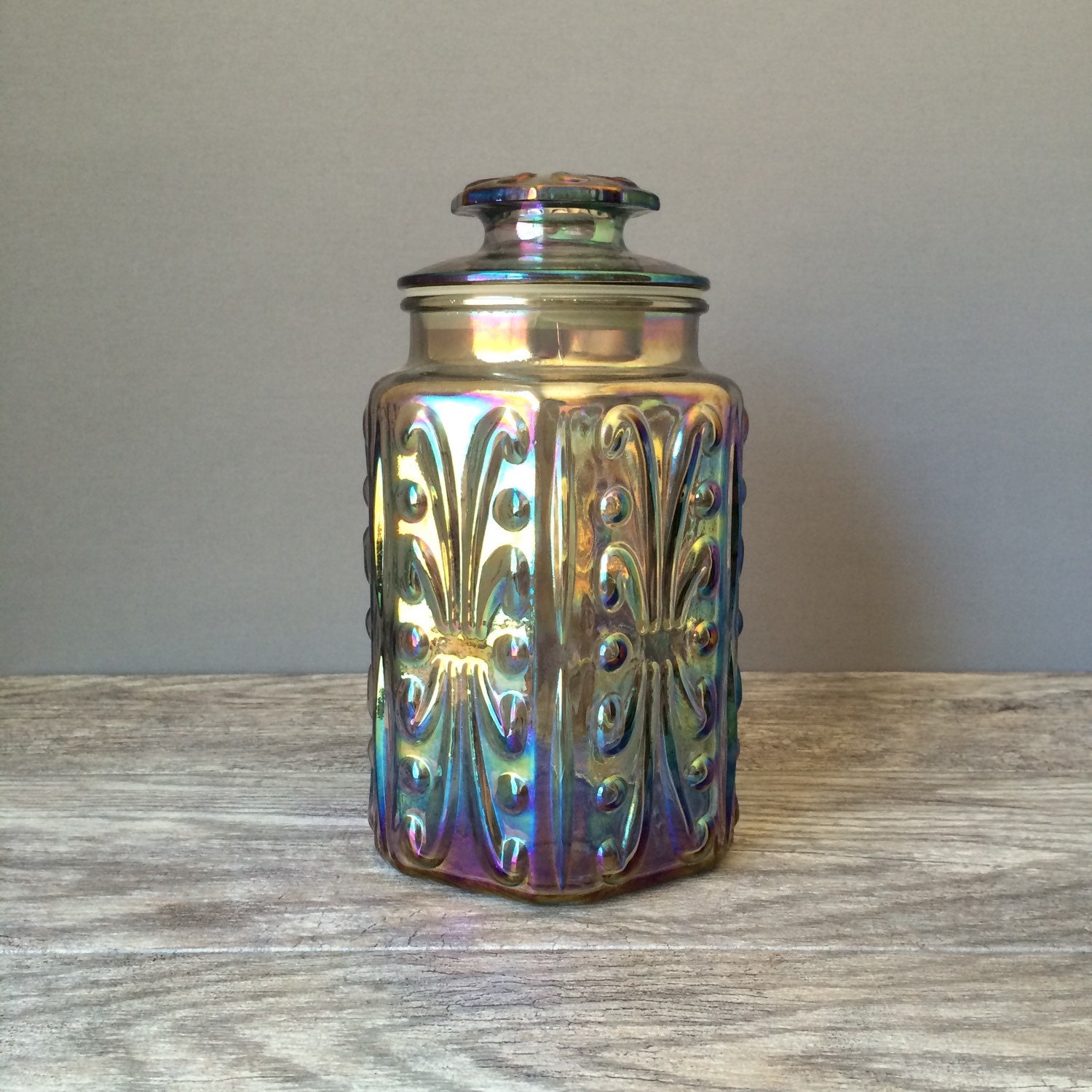 Imperial Glass Jar Atterbury Scroll Iridescent Carnival Glass