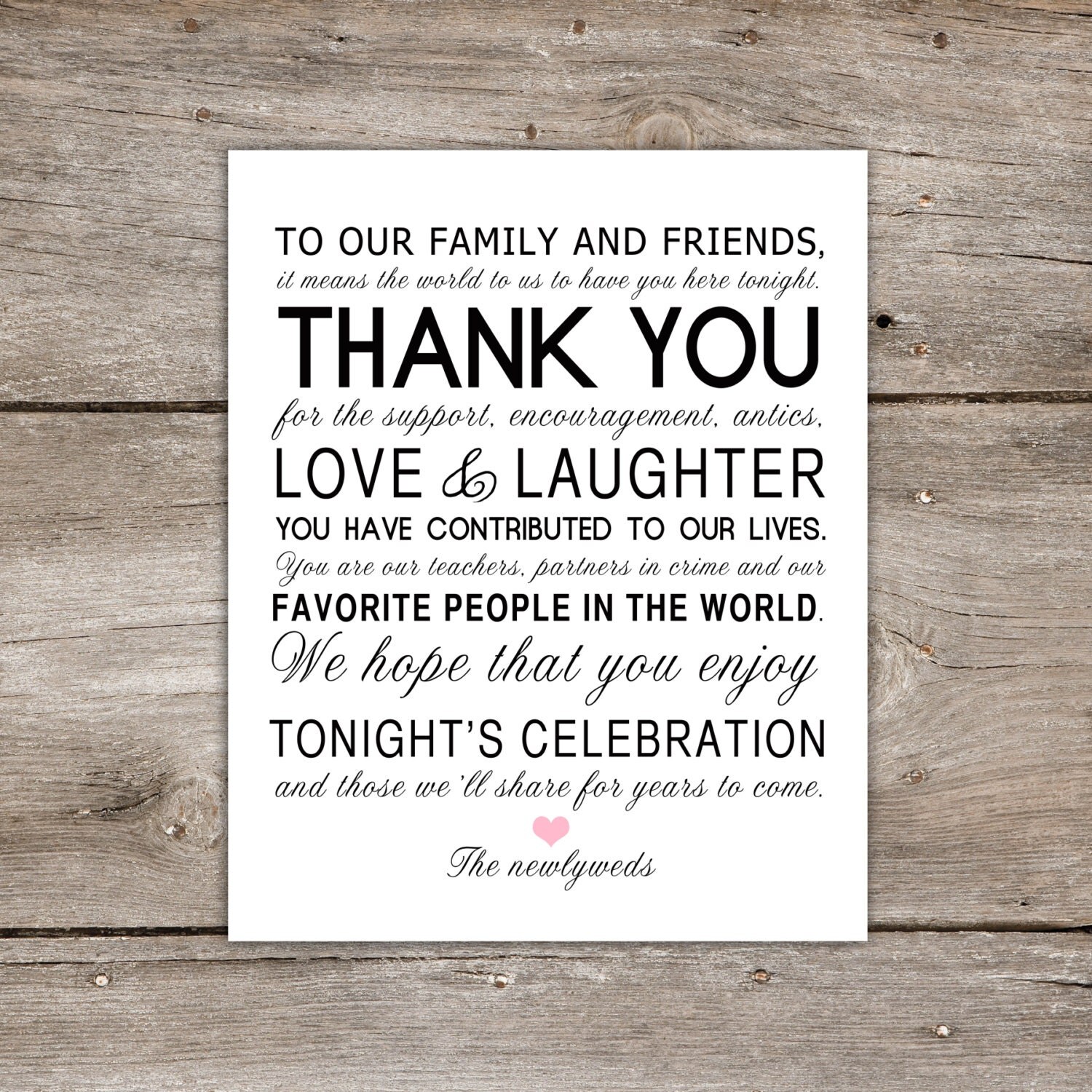 PRINTABLE Thank You Family Friends Wedding Sign Pink Heart