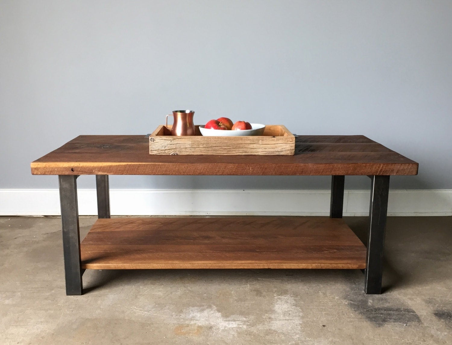 Reclaimed Oak Wood Coffee Table Lower Shelf Metal Legs