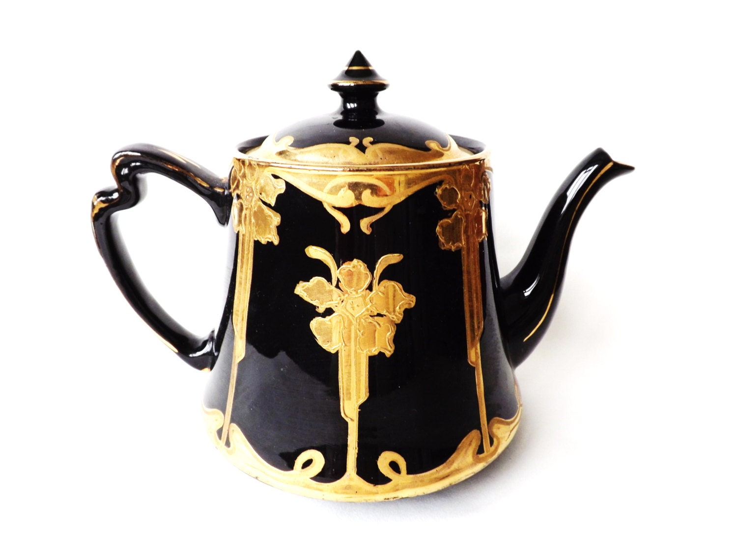Art Nouveau Black Mourning Teapot / Victorian Gold Luster Tea