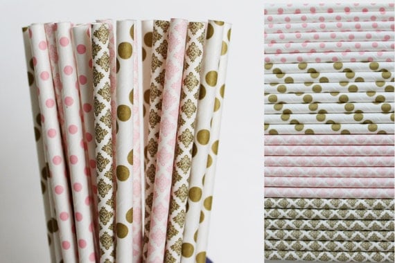 Pink and gold girls first birthday party paper straws, baby shower, baby carriage decor, baptism paper straws, Paris glam birthday party Il_570xn