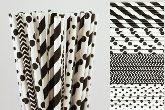 Black and White Straw Mix-Polka Dot Straw-Striped Straws-Wedding Straws-Mason Jar Straws-Chevron Party Straw-Black and White Drinking Straws Il_570xn