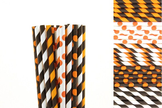 Orange and Black Paper Straw Mix-Orange Straws-Polka Dot Straws-Black Straws-Striped Paper Straws-Halloween Party Straws-Pumpkin Party Straw Il_570xn