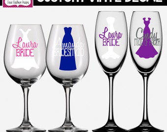 VINYL DECAL: DIY Wedding/Bridesmaid Dress Decals for Wine Glasses with Name