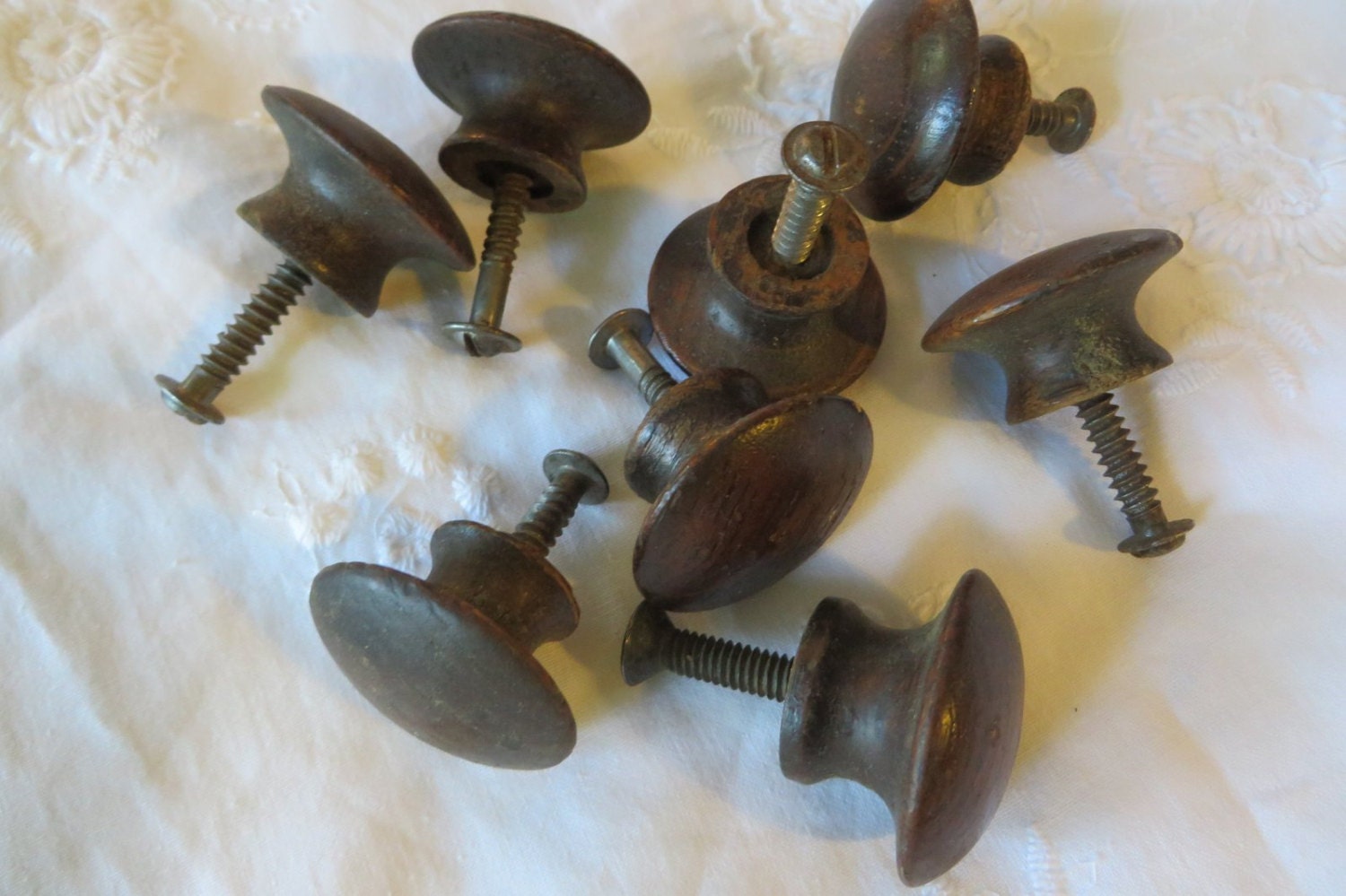 Eight Oak Wooden Knobs with Screws // Antique Furniture Knobs // Solid