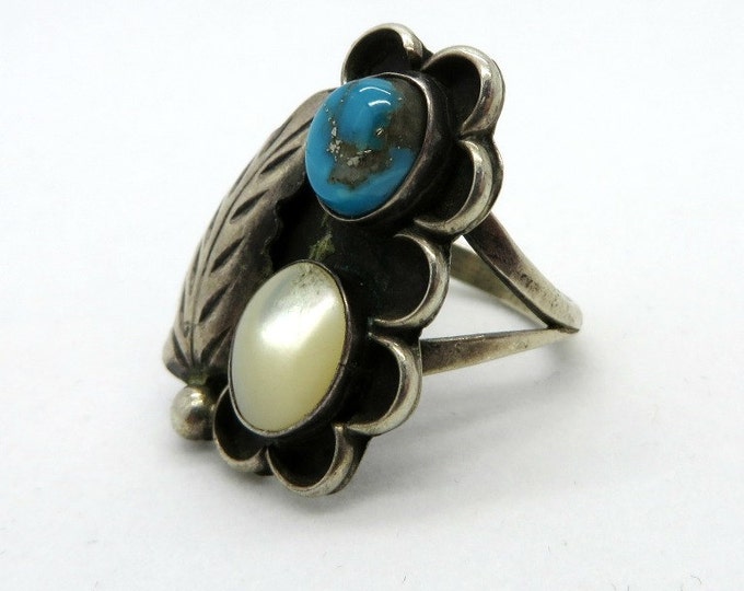 Vintage Navajo Turquoise MOP Ring, Sterling Silver Feather Ring, Native American Ring, Size 6