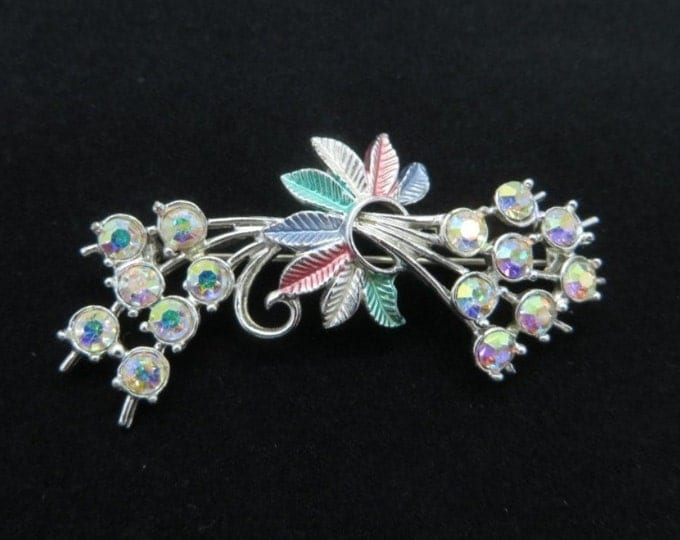 AB Rhinestone Flowers & Feathers Brooch, Vintage Silver Tone Pastel Pin