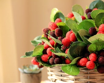 Real Touch Raspberry Strabery Berryied with Green Leaves for Centerpieces and Other Event Flower Arrangements Naturals 5pices