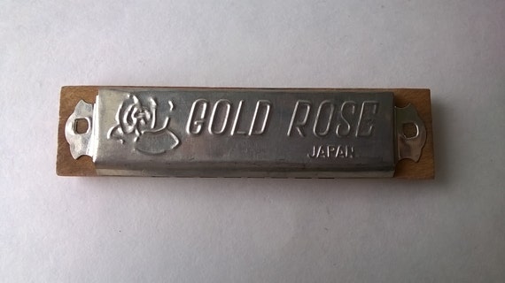 Cool Old Vintage Metal & Wood Toy Harmonica Gold Rose Brand