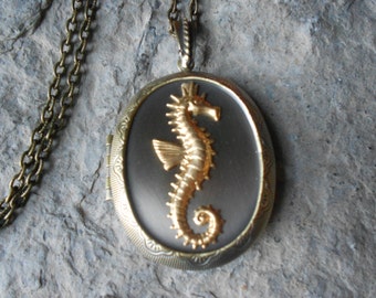 LOCKET--Stunning Seahorse Bronze Pendant Locket - 2" long--- Vintage Look - Antiqued Look - Great Quality