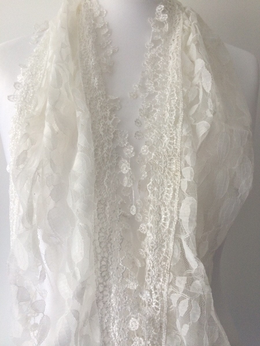 Ivory Lace Scarf Vintage Style Cream Lace Embroidered