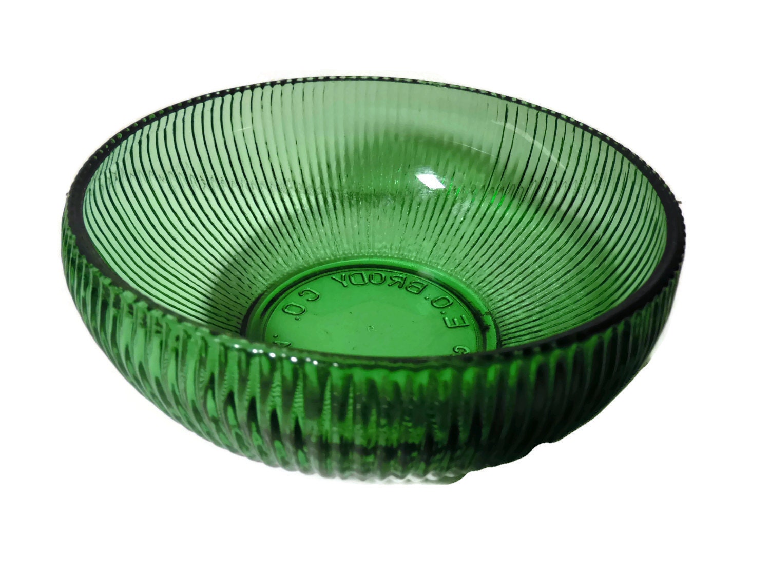 Vintage E O Brody Ribbed Green Glass Bowl