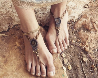 Tribal BAREFOOT sandals~ made by order ammonite macrame sandal foot jewelry beach wedding bohemian gypsy shoes macrame anklets artofgoddess