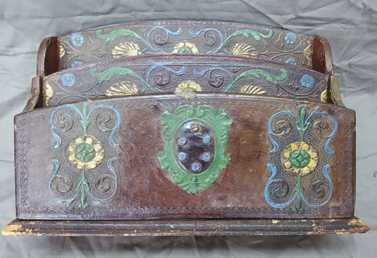 Antique Tooled Leather Covered Letter Holder Rack Gothic