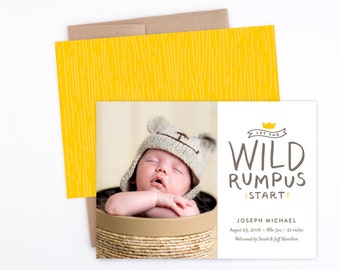 Birth Announcement - Let the Wild Rumpus Start in Gray & Yellow - Where the Wild Things Are