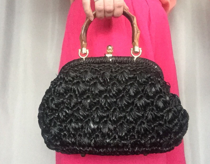 Black Top Handle Purse Vintage Handbag Woven by